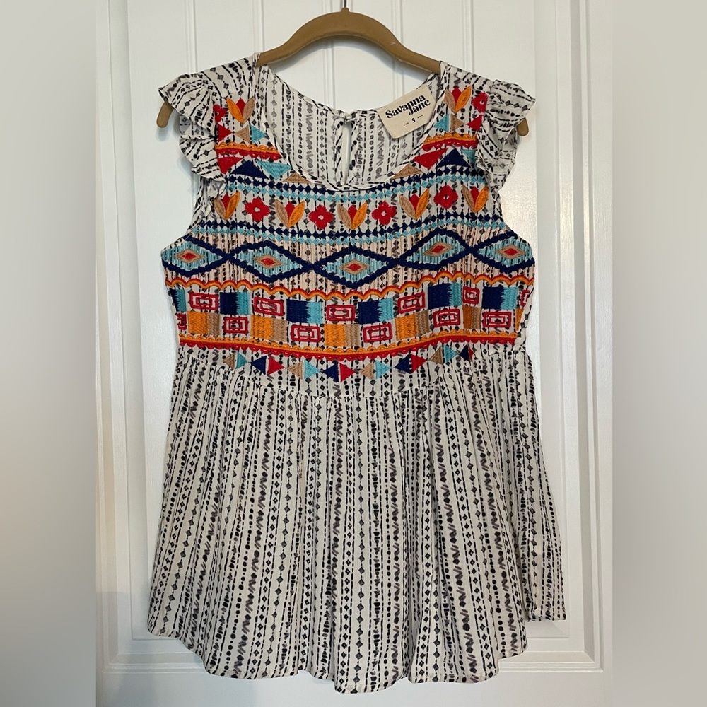 Cap sleeve, Empire waist Embroidered Blouse S
